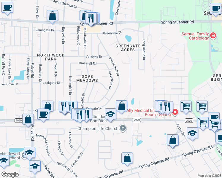 map of restaurants, bars, coffee shops, grocery stores, and more near 21407 Glenbranch Drive in Spring