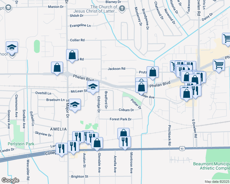 map of restaurants, bars, coffee shops, grocery stores, and more near 210 Armstrong Drive in Beaumont