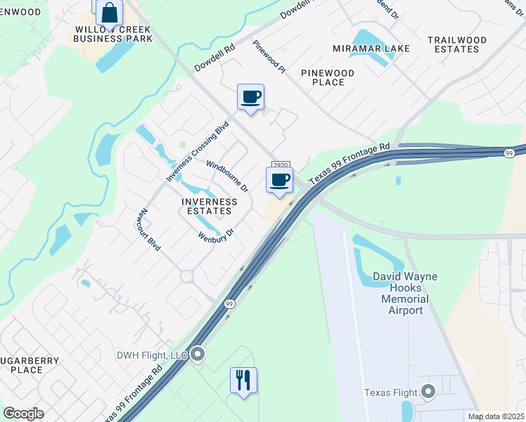 map of restaurants, bars, coffee shops, grocery stores, and more near 22403 Windbourne Drive in Tomball