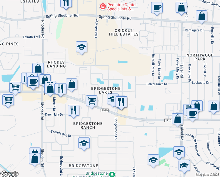 map of restaurants, bars, coffee shops, grocery stores, and more near 22218 Bridgestone Pine Court in Spring