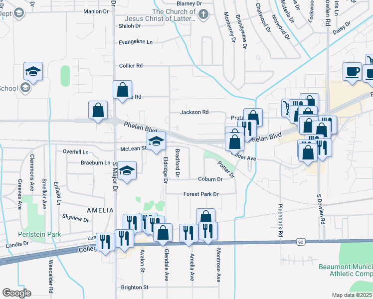 map of restaurants, bars, coffee shops, grocery stores, and more near 210 Armstrong Drive in Beaumont