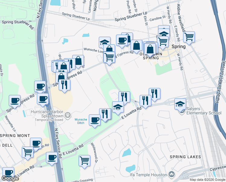 map of restaurants, bars, coffee shops, grocery stores, and more near 711 Spring Falling Way in Spring