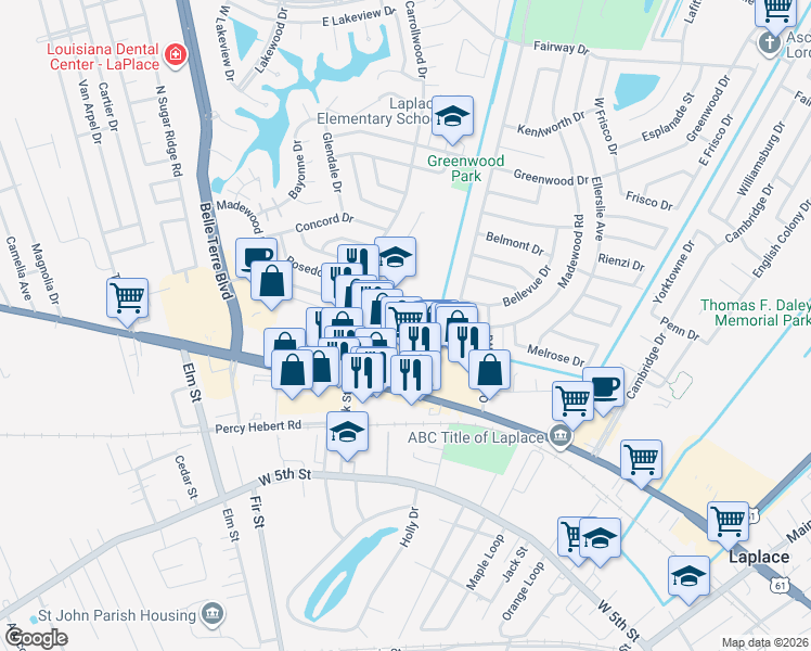 map of restaurants, bars, coffee shops, grocery stores, and more near 2 Dominican Road in LaPlace