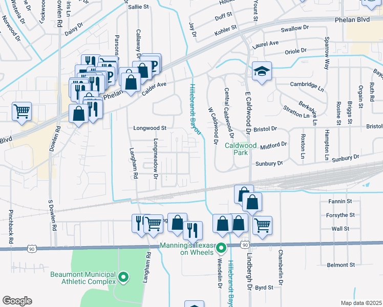 map of restaurants, bars, coffee shops, grocery stores, and more near 5788 Townhouse Lane in Beaumont