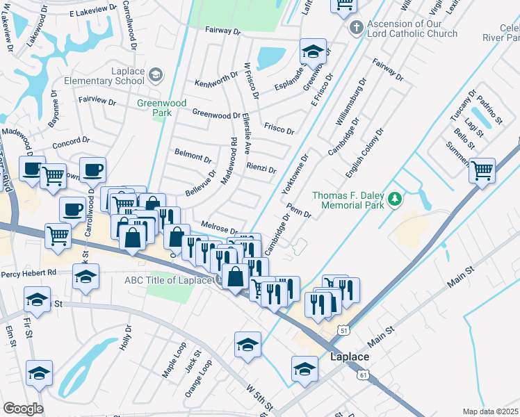 map of restaurants, bars, coffee shops, grocery stores, and more near 567 Parlange Loop in LaPlace