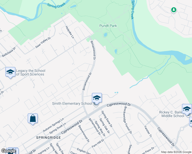 map of restaurants, bars, coffee shops, grocery stores, and more near 25099 Birnamwood Boulevard in Spring