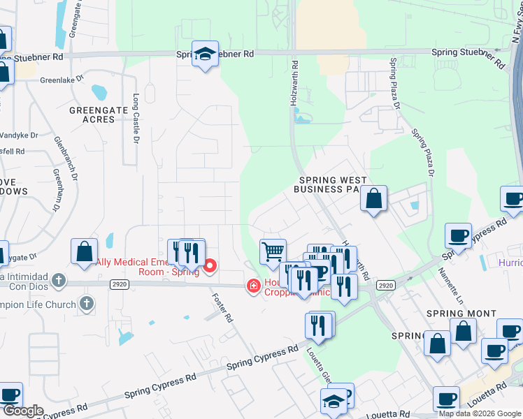 map of restaurants, bars, coffee shops, grocery stores, and more near 2126 Melanie Park Drive in Spring