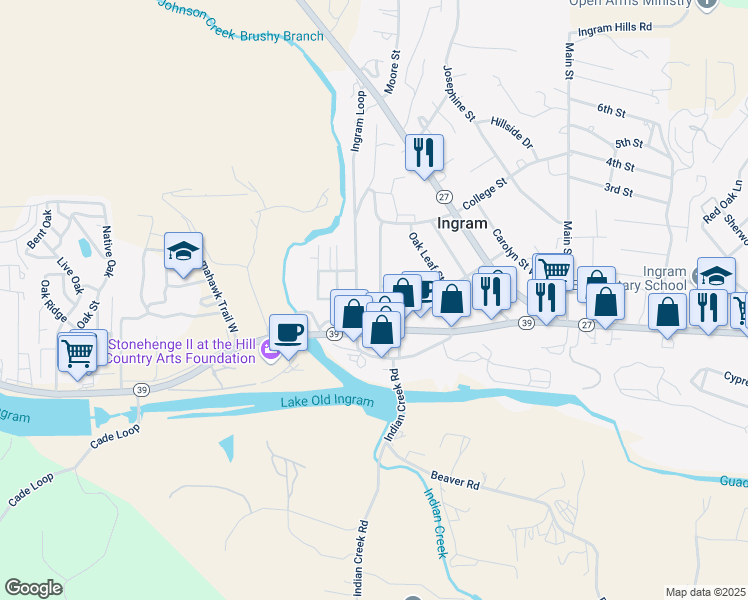 map of restaurants, bars, coffee shops, grocery stores, and more near 204 Ingram Loop in Ingram