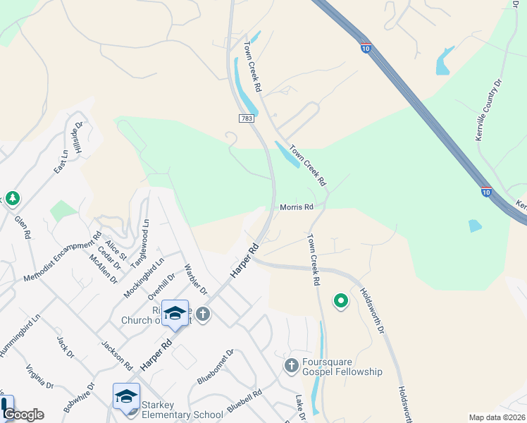 map of restaurants, bars, coffee shops, grocery stores, and more near 734 Harper Road in Kerrville