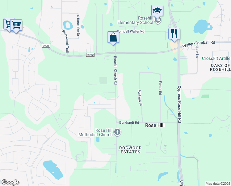 map of restaurants, bars, coffee shops, grocery stores, and more near 21323 Rosehill Church Road in Tomball