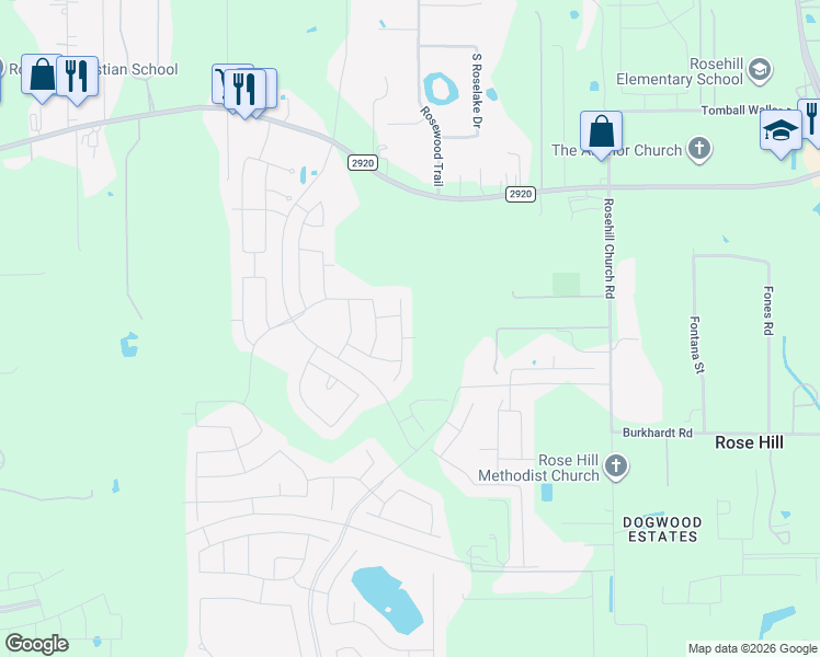 map of restaurants, bars, coffee shops, grocery stores, and more near 21434 Rose Loch Lane in Tomball