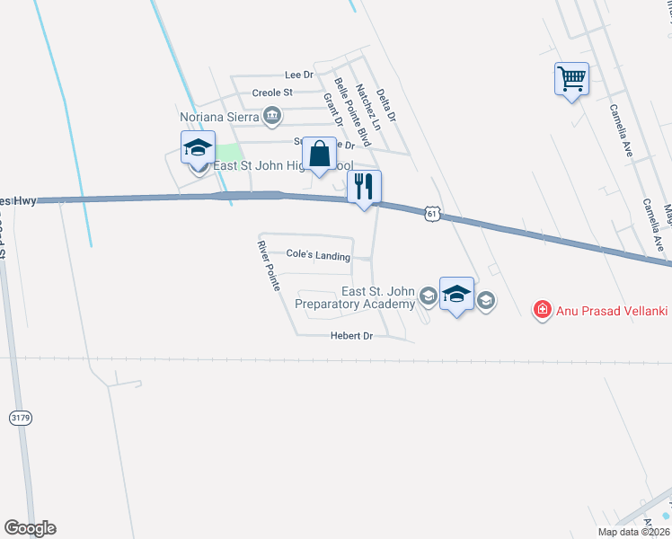 map of restaurants, bars, coffee shops, grocery stores, and more near 409 Coles Lodge in LaPlace