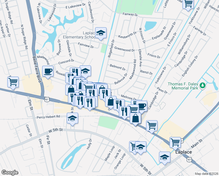 map of restaurants, bars, coffee shops, grocery stores, and more near 500 Bellevue Drive in LaPlace