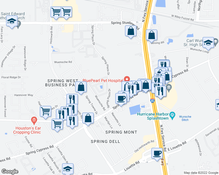 map of restaurants, bars, coffee shops, grocery stores, and more near Spring Plaza Drive in Spring