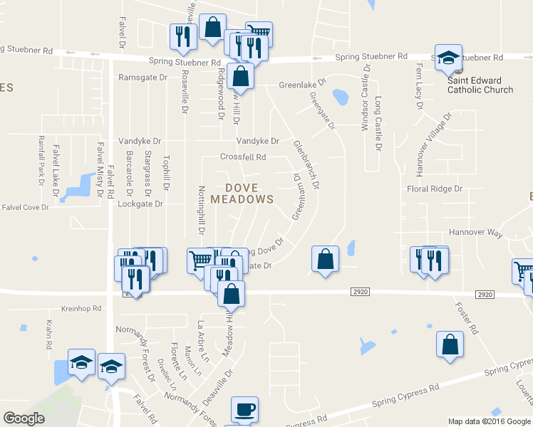 map of restaurants, bars, coffee shops, grocery stores, and more near 21423 Bassbrook Drive in Spring