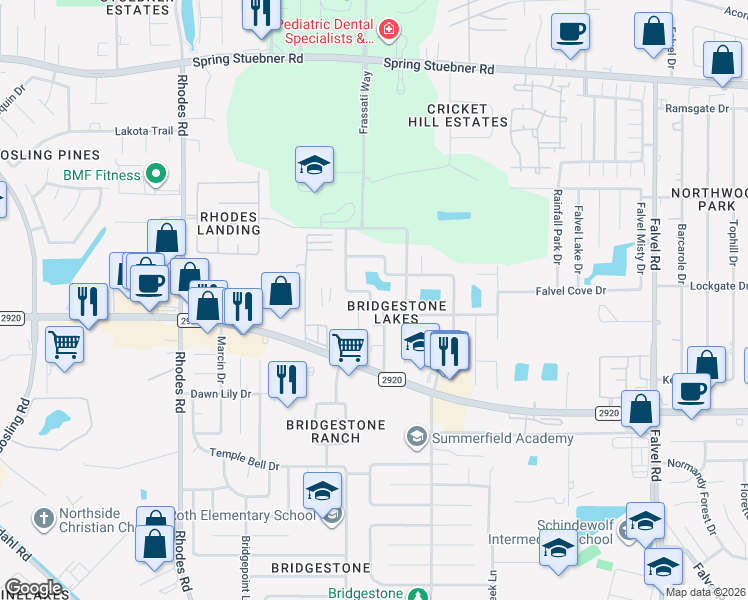 map of restaurants, bars, coffee shops, grocery stores, and more near 4514 Bridgestone Point Drive in Spring