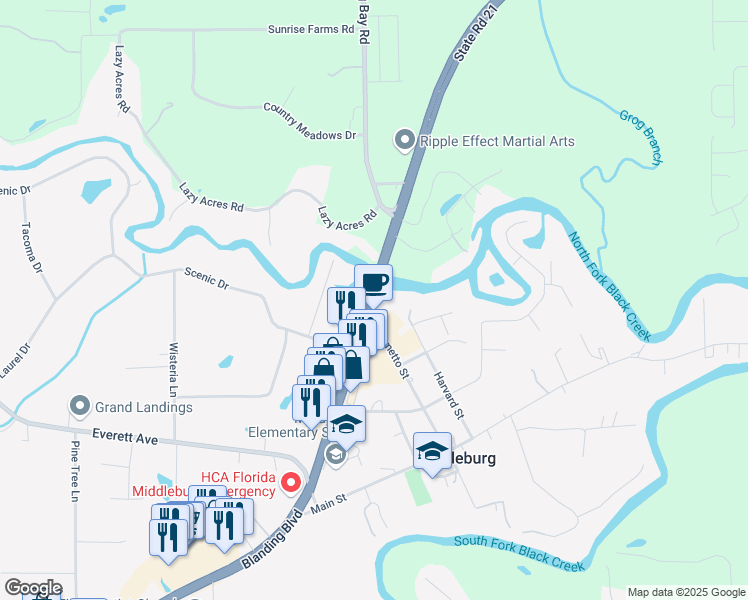 map of restaurants, bars, coffee shops, grocery stores, and more near 2501 Blanding Boulevard in Middleburg