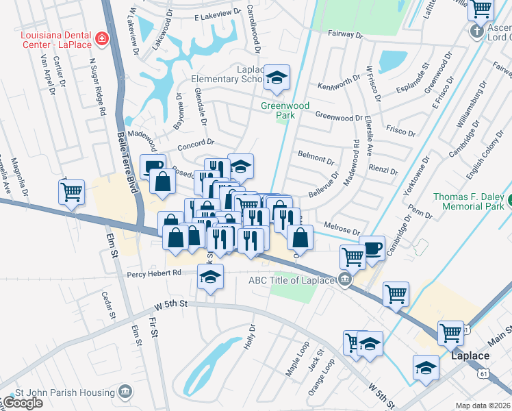 map of restaurants, bars, coffee shops, grocery stores, and more near 2 Dominican Road in LaPlace