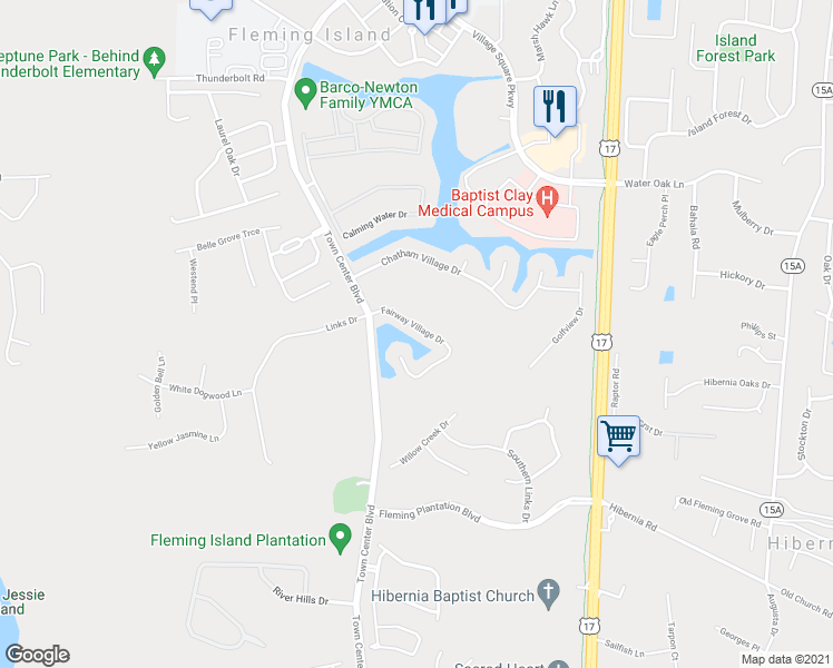 map of restaurants, bars, coffee shops, grocery stores, and more near 1345 Fairway Village Drive in Fleming Island