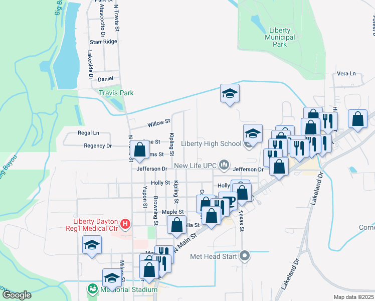 map of restaurants, bars, coffee shops, grocery stores, and more near 1811 Reese Street in Liberty
