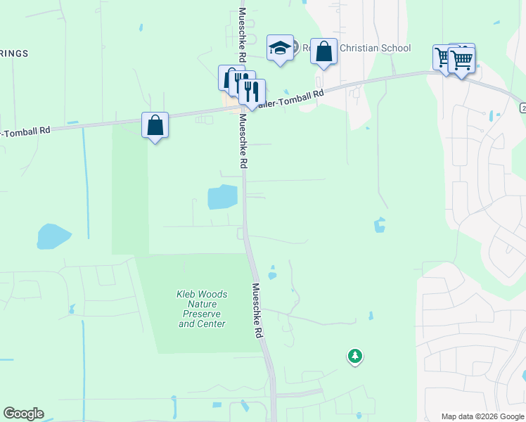 map of restaurants, bars, coffee shops, grocery stores, and more near 21610 Mueschke Road in Tomball