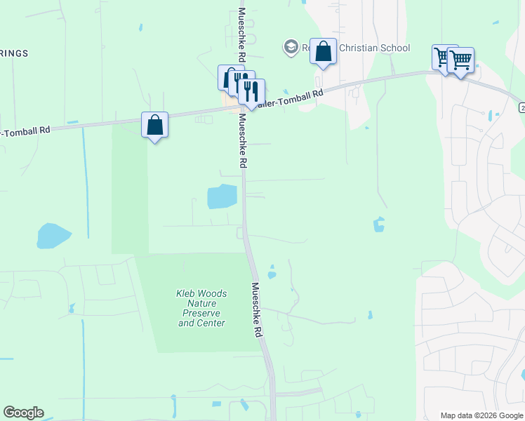map of restaurants, bars, coffee shops, grocery stores, and more near 21610 Mueschke Road in Tomball