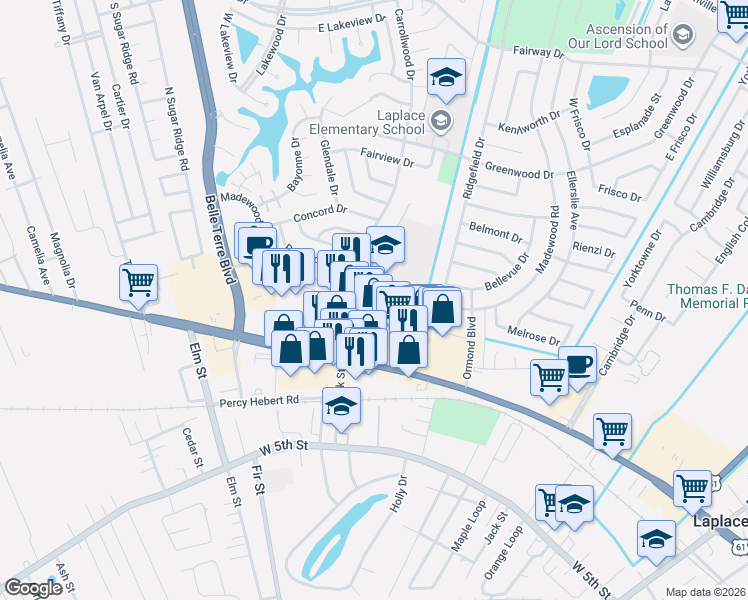 map of restaurants, bars, coffee shops, grocery stores, and more near 900 Aspen Court in LaPlace
