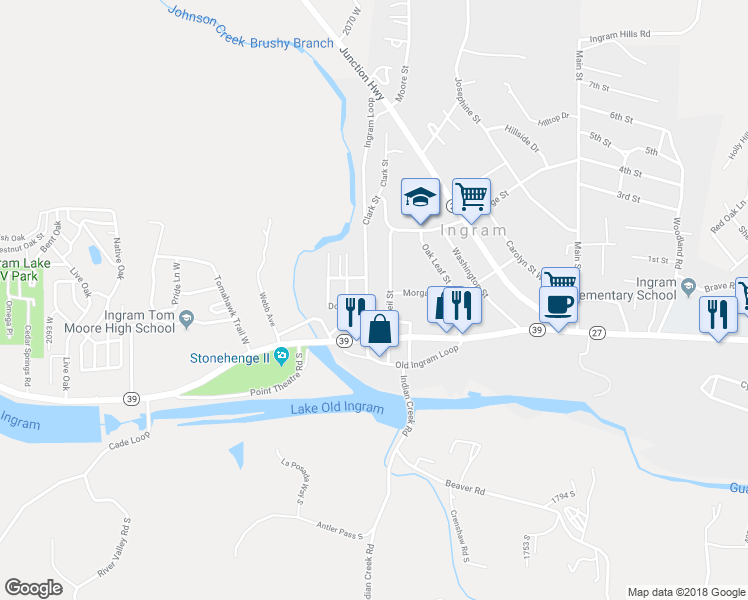 map of restaurants, bars, coffee shops, grocery stores, and more near 204 Ingram Loop in Ingram