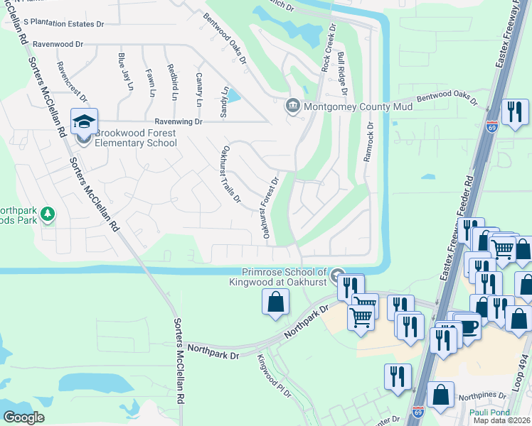 map of restaurants, bars, coffee shops, grocery stores, and more near 25553 Oakhurst Forest Drive in Porter