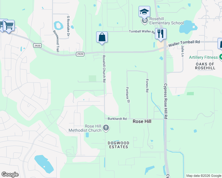 map of restaurants, bars, coffee shops, grocery stores, and more near 21402 Rosehill Church Road in Tomball