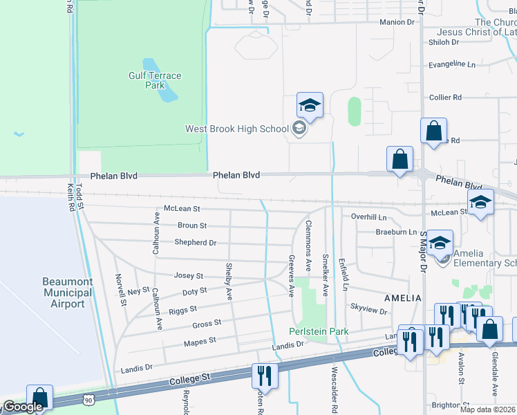 map of restaurants, bars, coffee shops, grocery stores, and more near 9170 McLean Street in Beaumont