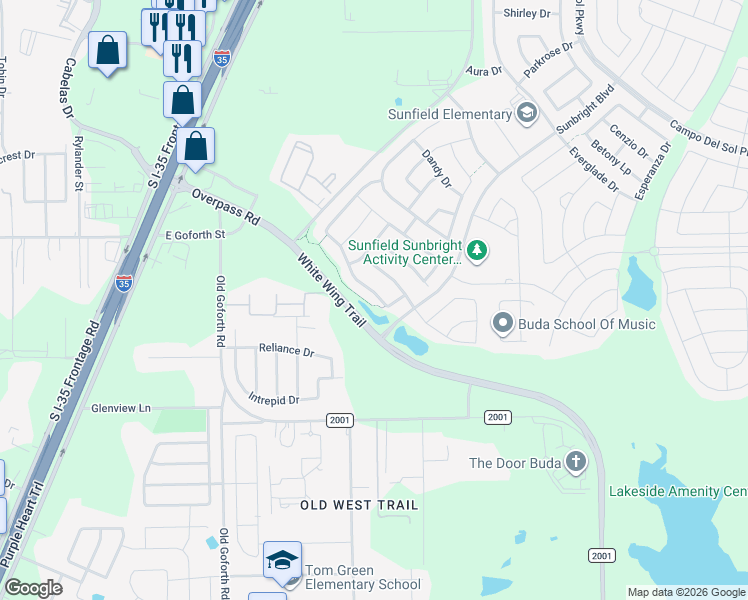 map of restaurants, bars, coffee shops, grocery stores, and more near 195 Pond View Pass in Buda