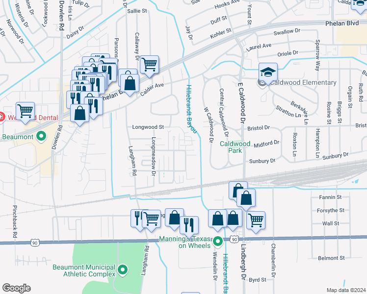 map of restaurants, bars, coffee shops, grocery stores, and more near 5750 Townhouse Lane in Beaumont