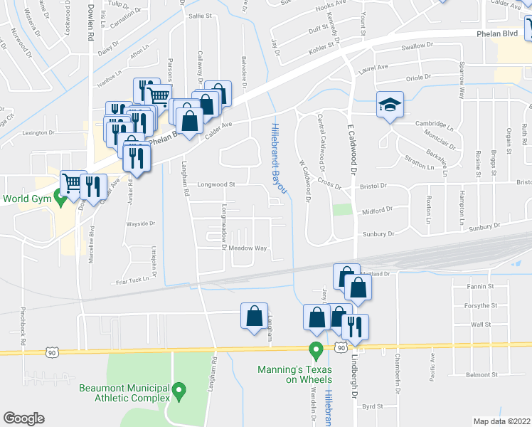 map of restaurants, bars, coffee shops, grocery stores, and more near 5788 Townhouse Lane in Beaumont