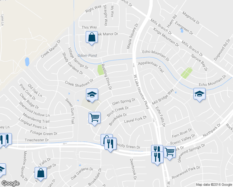 map of restaurants, bars, coffee shops, grocery stores, and more near 3211 Sycamore Springs Drive in Humble