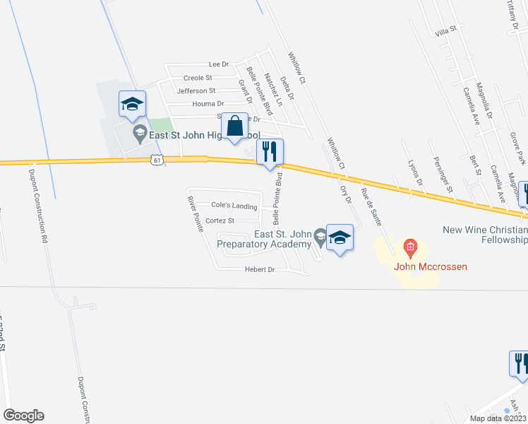 map of restaurants, bars, coffee shops, grocery stores, and more near 300 South River Pointe in LaPlace