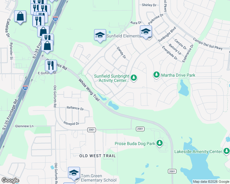 map of restaurants, bars, coffee shops, grocery stores, and more near 267 Razzmatazz Trail in Buda