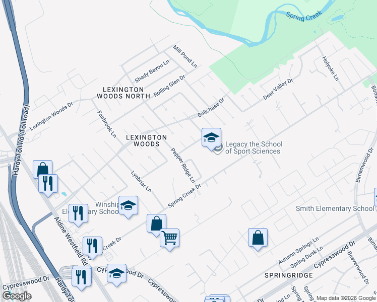 map of restaurants, bars, coffee shops, grocery stores, and more near 2414 Deer Valley Drive in Spring