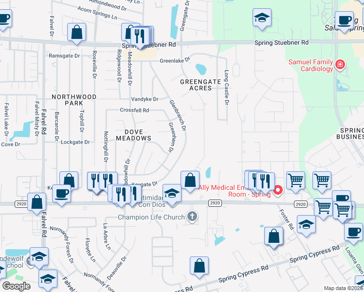 map of restaurants, bars, coffee shops, grocery stores, and more near 21407 Glenbranch Drive in Spring