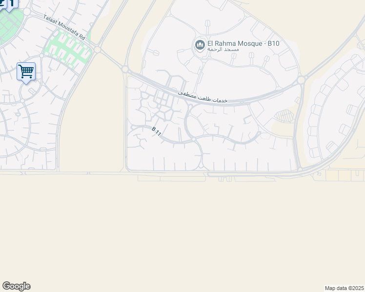 map of restaurants, bars, coffee shops, grocery stores, and more near B 11 in Second New Cairo