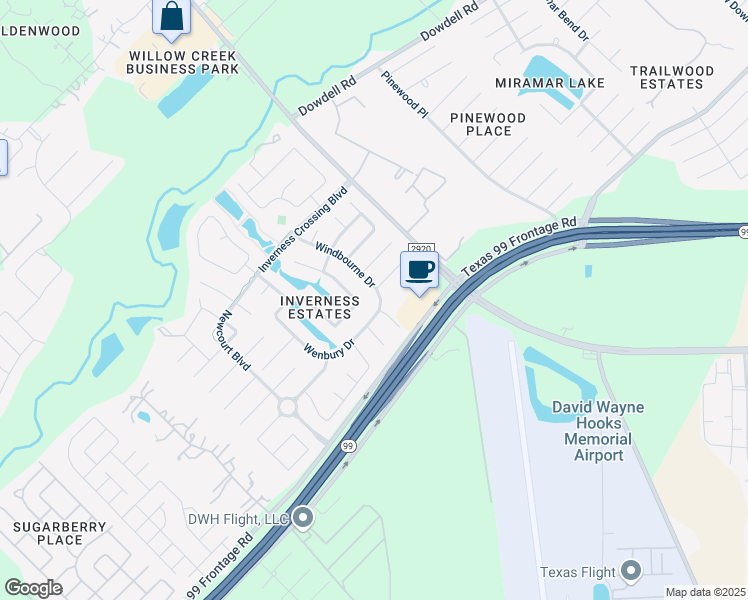 map of restaurants, bars, coffee shops, grocery stores, and more near 22403 Windbourne Drive in Tomball