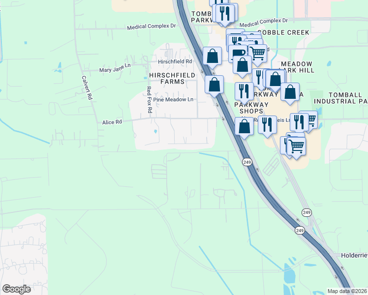 map of restaurants, bars, coffee shops, grocery stores, and more near 14007 Windy Meadow Road in Tomball