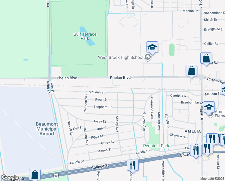 map of restaurants, bars, coffee shops, grocery stores, and more near 9370 McLean Street in Beaumont
