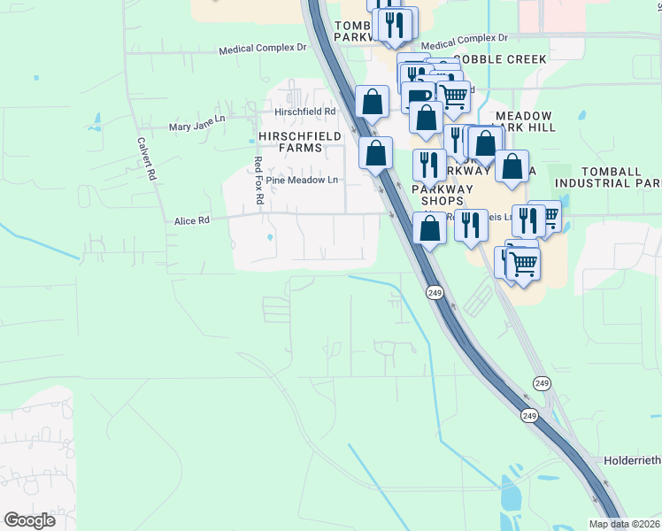 map of restaurants, bars, coffee shops, grocery stores, and more near 14007 Windy Meadow Road in Tomball