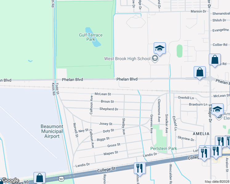 map of restaurants, bars, coffee shops, grocery stores, and more near 9370 McLean St in Beaumont