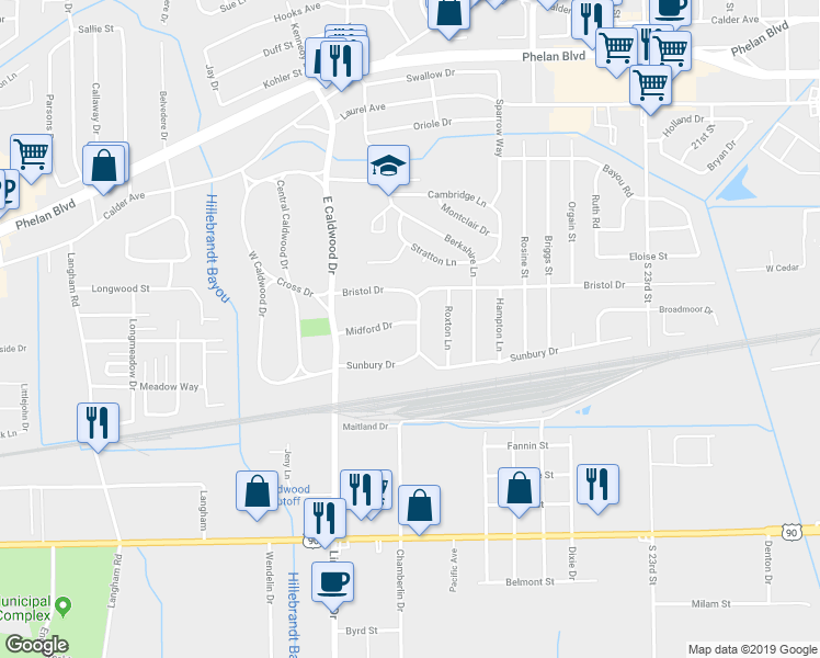 map of restaurants, bars, coffee shops, grocery stores, and more near 260 Canterbury Drive in Beaumont