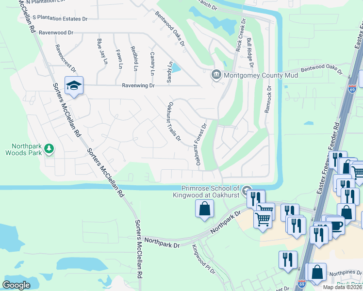 map of restaurants, bars, coffee shops, grocery stores, and more near 20782 Oakhurst Trails Drive in Porter