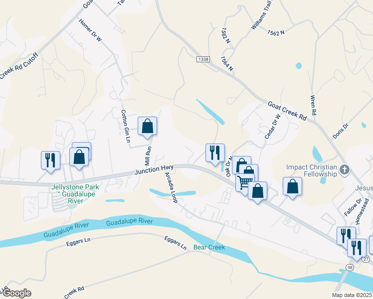 map of restaurants, bars, coffee shops, grocery stores, and more near 2300 Junction Highway in Kerrville
