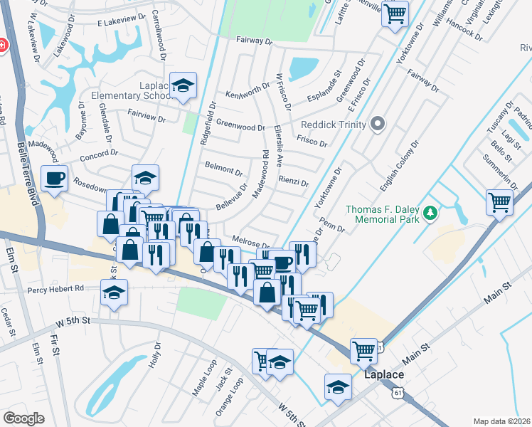 map of restaurants, bars, coffee shops, grocery stores, and more near 501 Parlange Loop in LaPlace