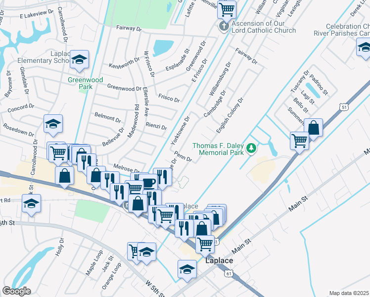 map of restaurants, bars, coffee shops, grocery stores, and more near 1312 Cambridge Drive in LaPlace